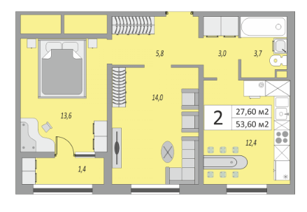2-комнатная квартира, 52 кв.м., улица Юркина, дом 6, Оренбург